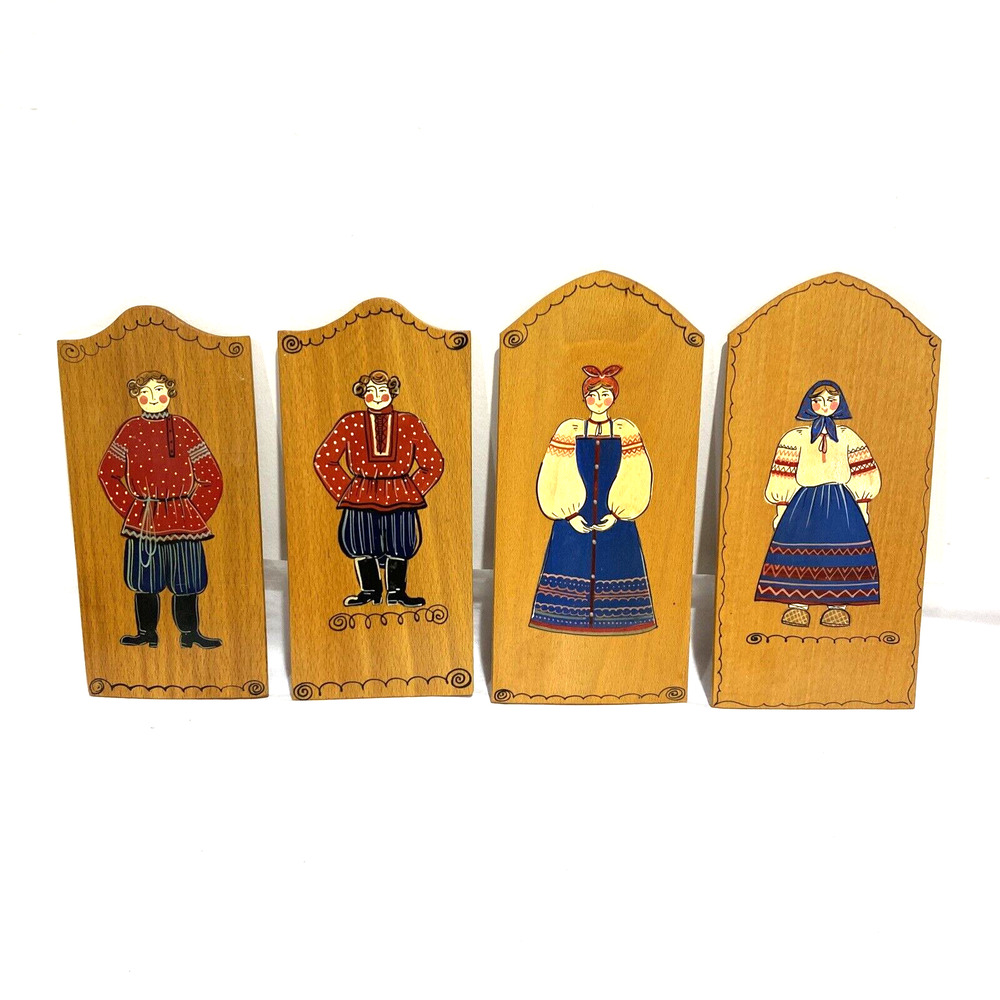 Handpainted Wooden Wall Decor Charming Ethnic Hand Painted Folk Art Set of 4